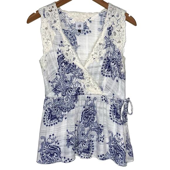 CAbi Veranda White Blue Paisley Swirl Tank Top 5223 Size Small - Picture 2 of 15